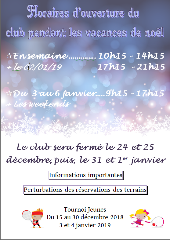Horaires d'ouverture pendant les vacances de Noël